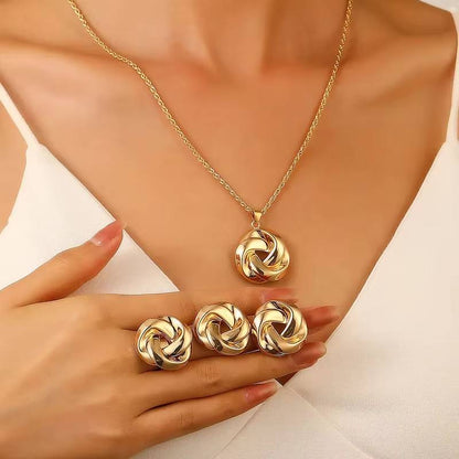 New Fashion Elegant Metal Twist Necklace Ring Earrings Set (6)