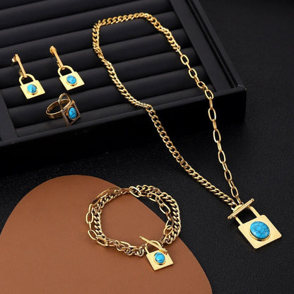 New Titanium Steel Lock Pendant Necklace and Bracelet Set for Women (5)