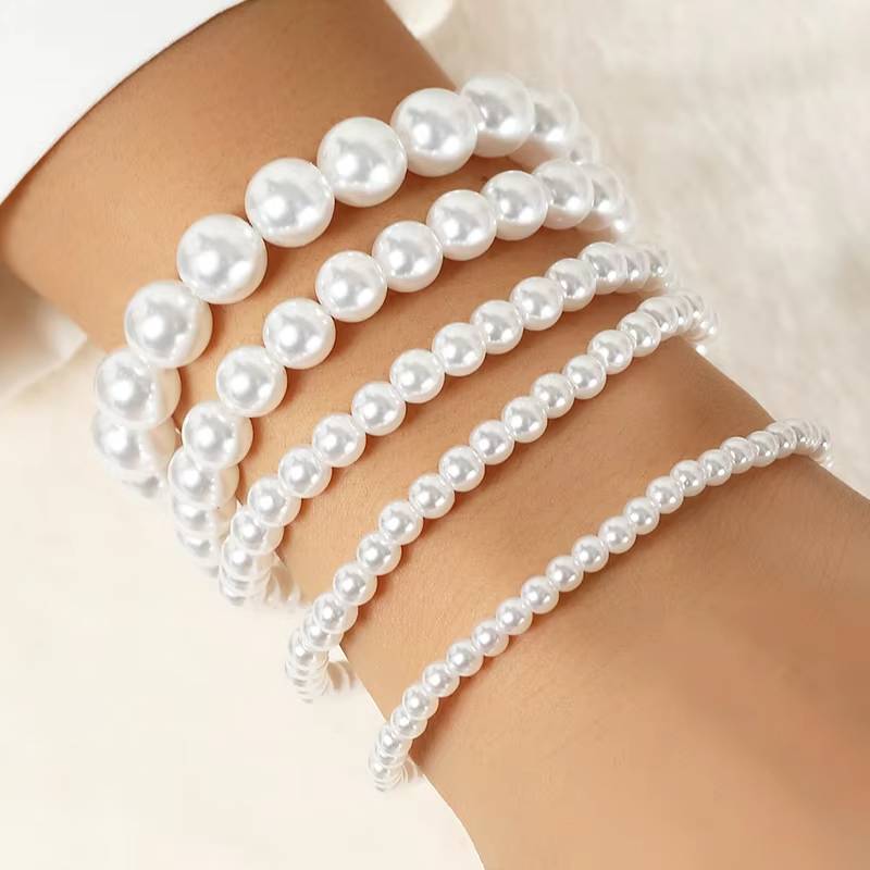 Obega 5PCS Elastic Imitation Pearl Bracelet Set for Women Girls (4)