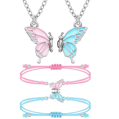 Pink Blue Butterfly BFF Necklace Bracelet Gifts for Women