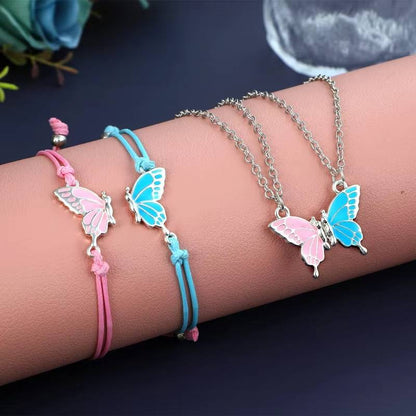 Pink Blue Butterfly BFF Necklace Bracelet Gifts for Women (2)