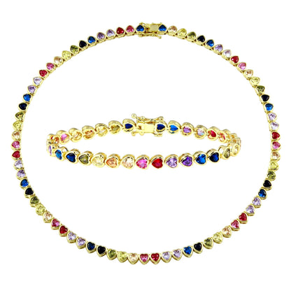 Rainbow CZ Heart Shaped Tennis Chain Necklace Bracelet Set