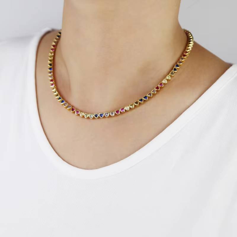 Rainbow CZ Heart Shaped Tennis Chain Necklace Bracelet Set (6)