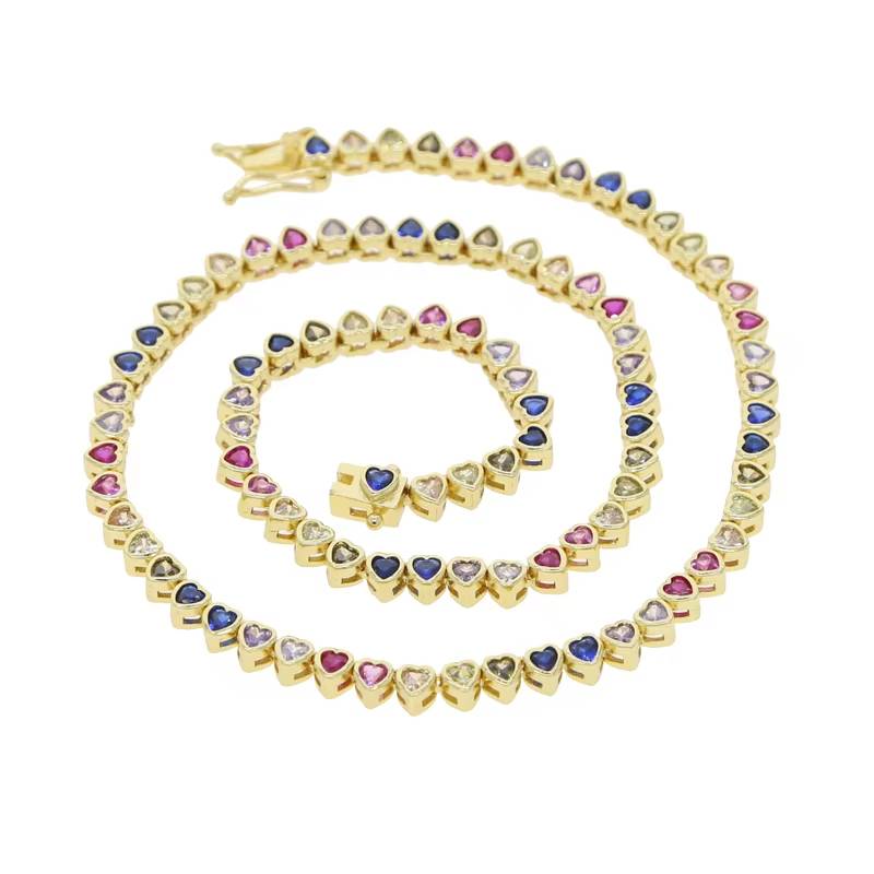 Rainbow CZ Heart Shaped Tennis Chain Necklace Bracelet Set (8)