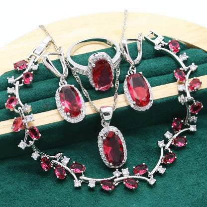 Red Ruby 925 Silver Jewelry Set for Women