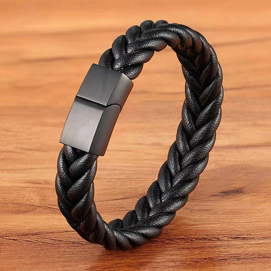 Retro Punk Style Braided Leather Bracelet with Stainless Steel Magnetic Buckle