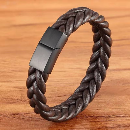 Retro Punk Style Braided Leather Bracelet with Stainless Steel Magnetic Buckle (10)