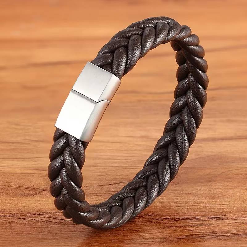 Retro Punk Style Braided Leather Bracelet with Stainless Steel Magnetic Buckle (11)