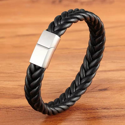 Retro Punk Style Braided Leather Bracelet with Stainless Steel Magnetic Buckle (2)