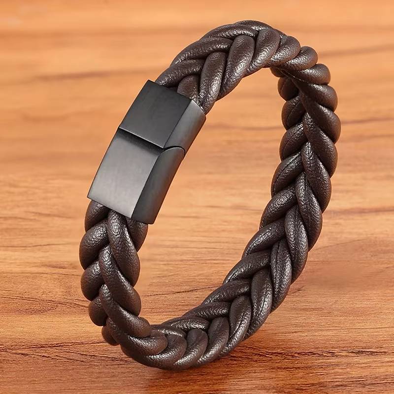 Retro Punk Style Braided Leather Bracelet with Stainless Steel Magnetic Buckle (5)