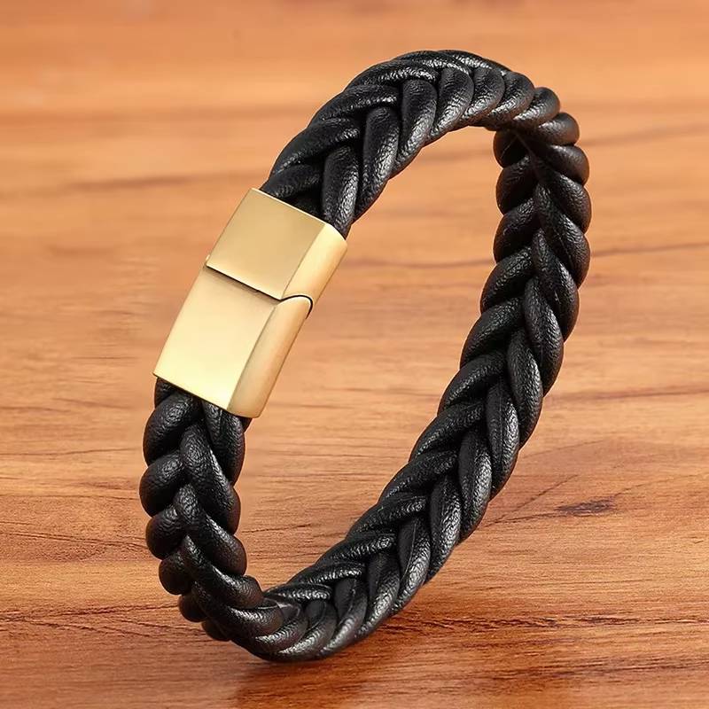 Retro Punk Style Braided Leather Bracelet with Stainless Steel Magnetic Buckle (7)