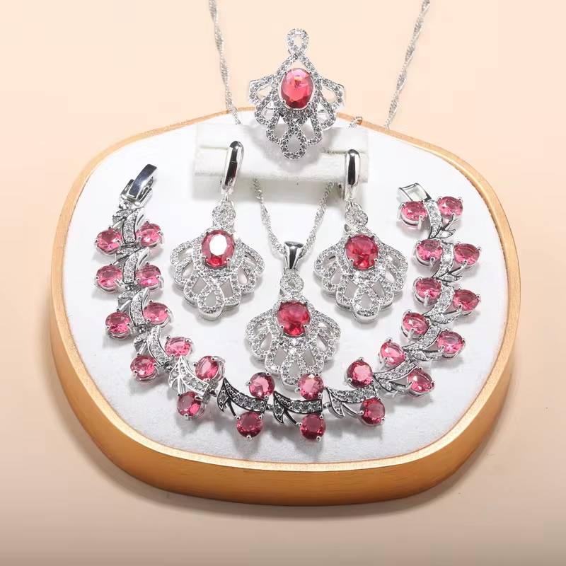 Rose Red Zircon Jewelry Set for Women, 5-Piece Fashion Accessories