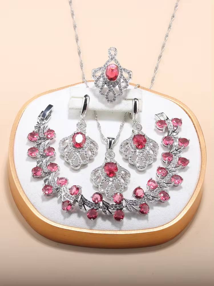 Rose Red Zircon Jewelry Set for Women, 5-Piece Fashion Accessories (11)