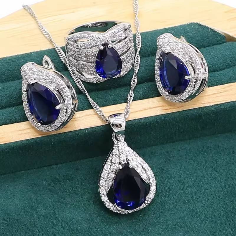 Royal Blue Sapphire 925 Silver Jewelry Set, Elegant Gift Set (14)