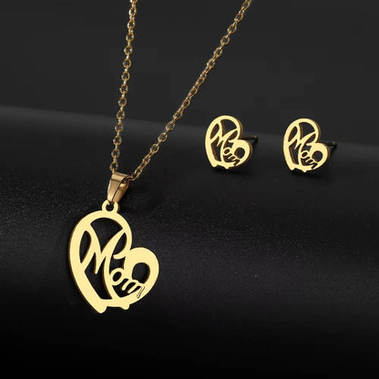 Stainless Steel Mama Love Heart Star Cross Pendant Jewelry Set (2)