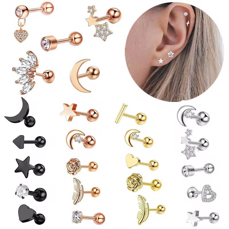 Star & Heart Tragus Stud Earring Set  Small Cartilage Piercing Jewelry