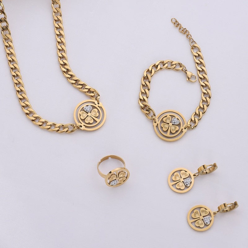 Stylish Titanium Steel Clover Necklace Set with Hip-hop Chunky Chain (6)