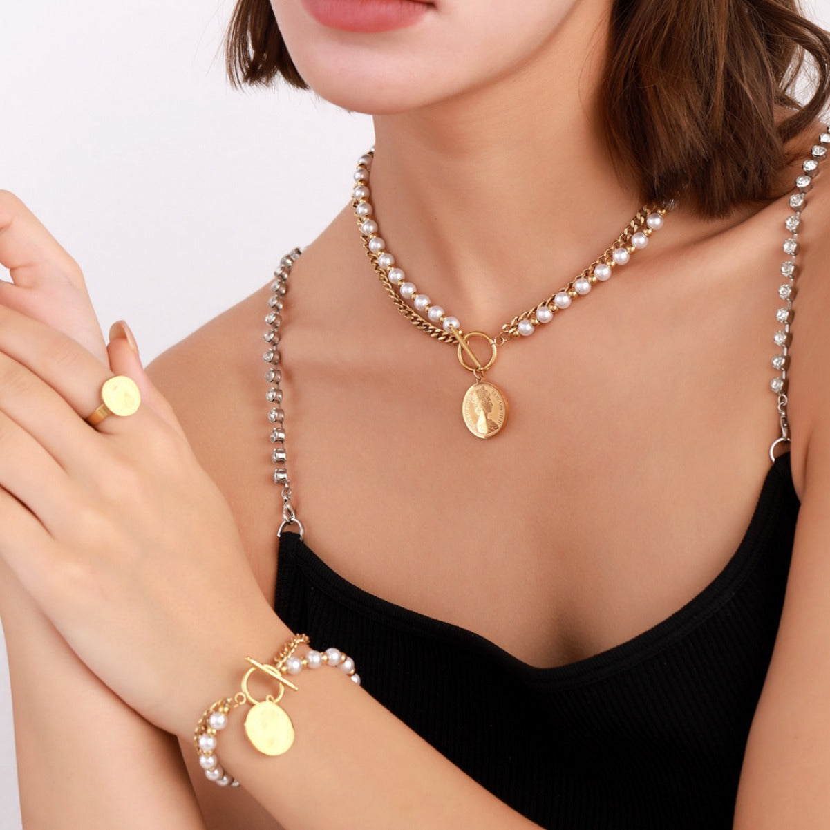 Stylish Titanium Steel Pendant Bracelet Set with Pearl Necklace (4)