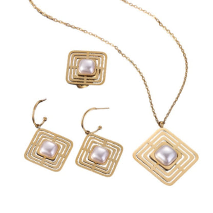 Titanium Jewelry Set with Artificial Pearl Inlaid Earrings (2)