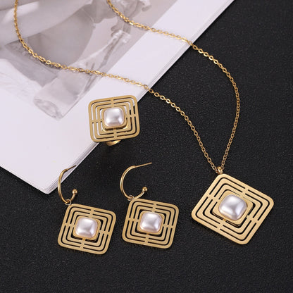 Titanium Jewelry Set with Artificial Pearl Inlaid Earrings (5)