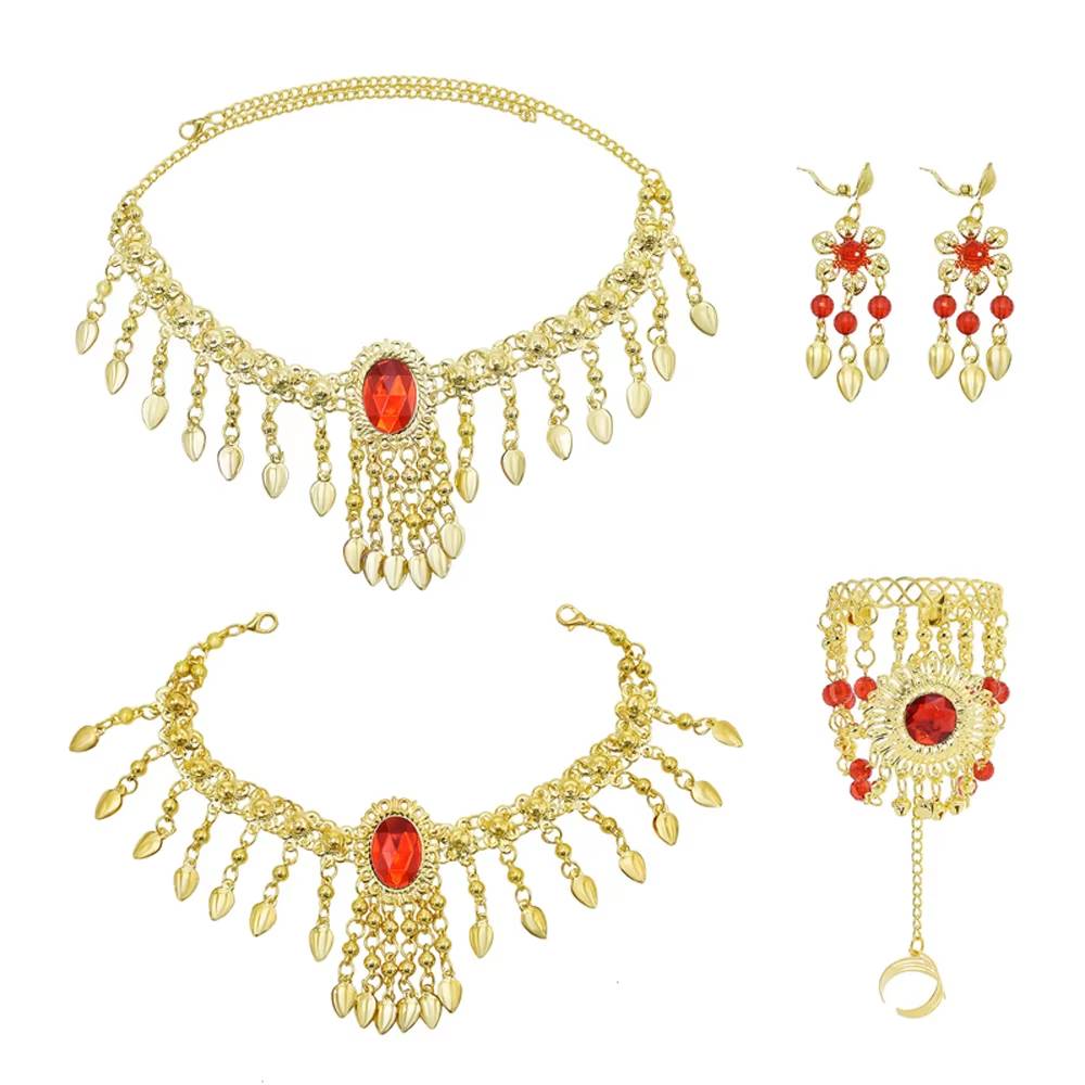 Traditional Indian Belly Dance Jewelry Set Red Crystal Bell Tassel