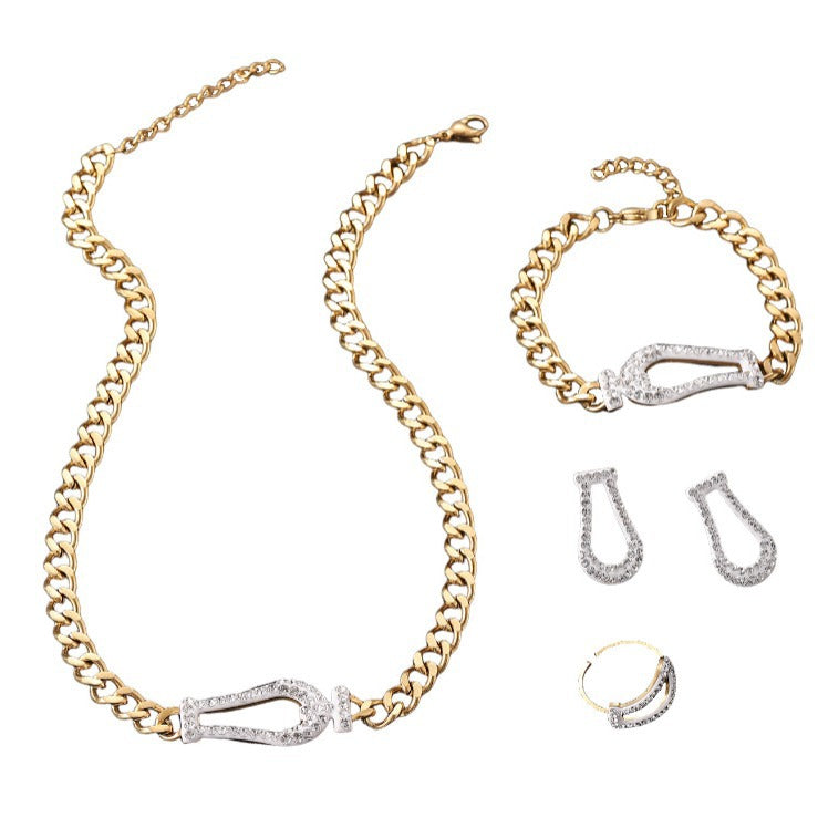 Trendy Hip-Hop Cuban Necklace Bracelet Set with Earrings and Rings (2)