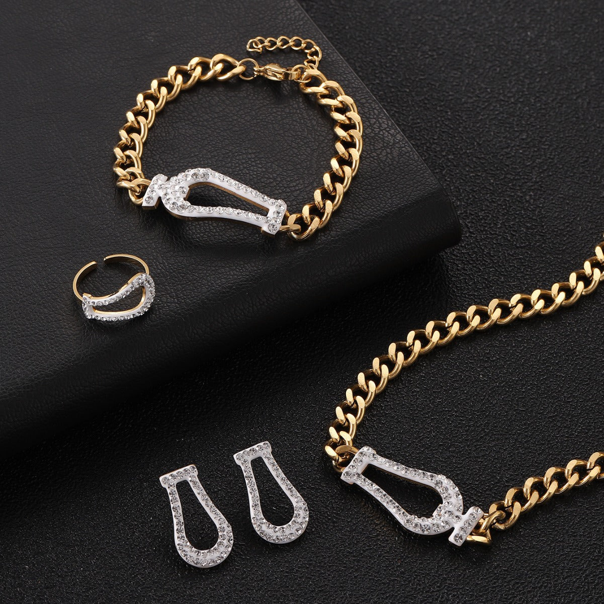 Trendy Hip-Hop Cuban Necklace Bracelet Set with Earrings and Rings (4)