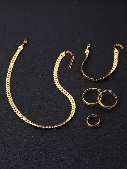 Trendy Wide Bracelet Necklace Set with Open Hoop Earrings & Ring