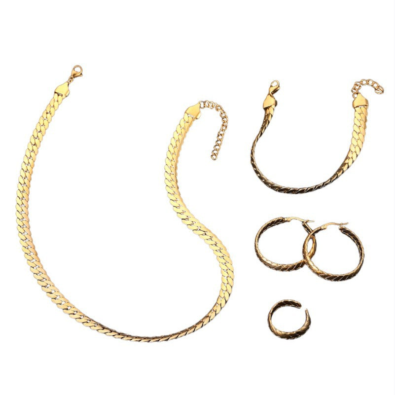 Trendy Wide Bracelet Necklace Set with Open Hoop Earrings & Ring (2)