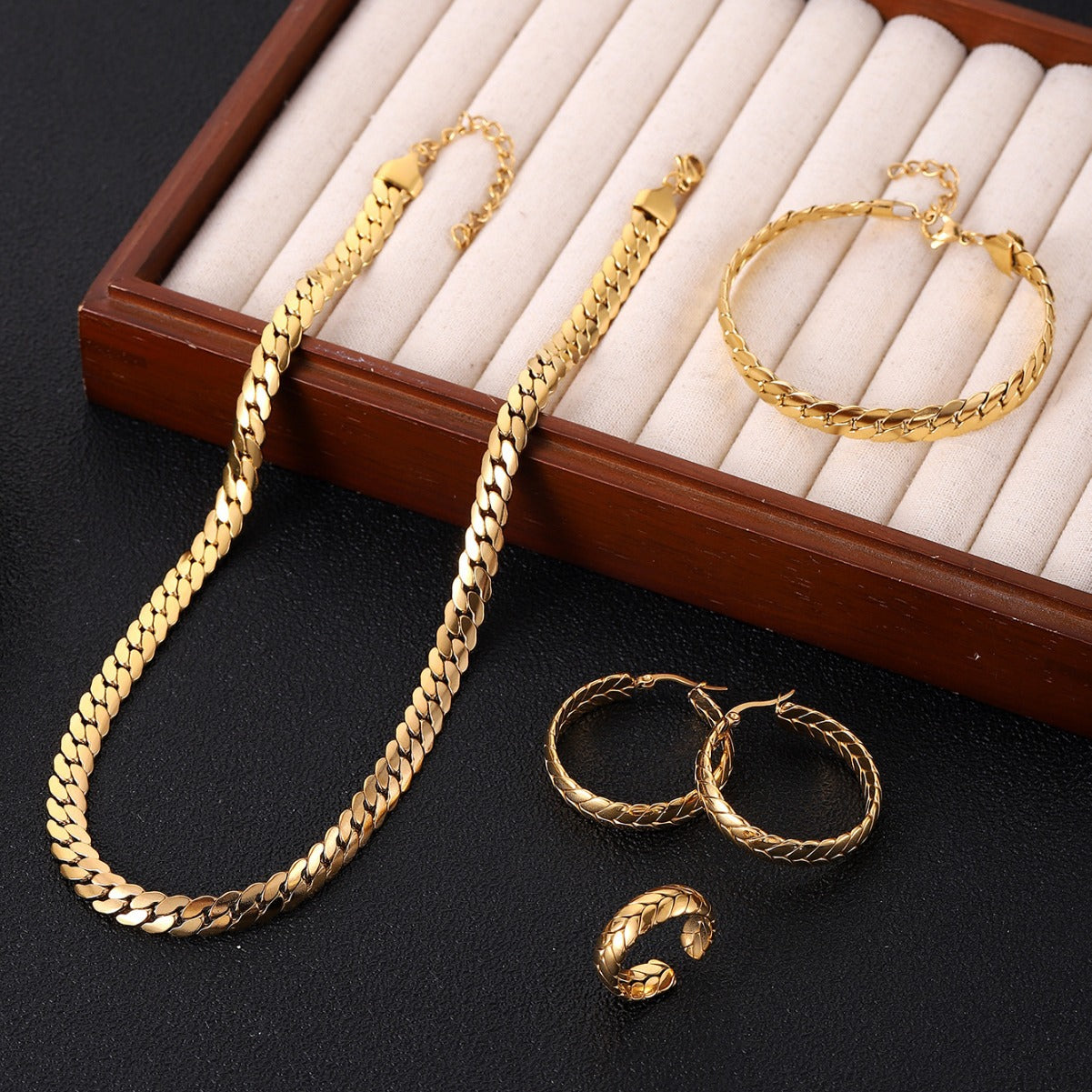 Trendy Wide Bracelet Necklace Set with Open Hoop Earrings & Ring (6)