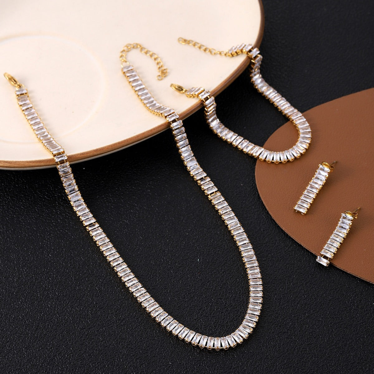 Trendy Zircon Necklace and Titanium Steel Earrings Bracelet Set (10)