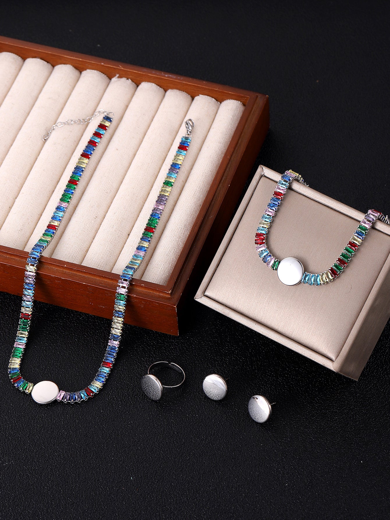 Trendy Zircon Necklace and Titanium Steel Earrings Bracelet Set (3)