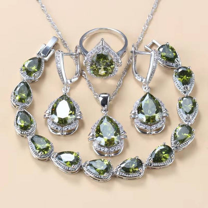 Water Drop Jewelry Set 925 Silver Bridal Necklace Earrings Bracelet Ring