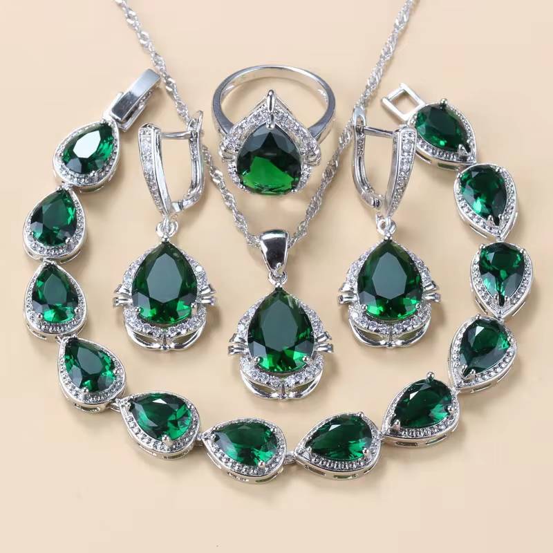 Water Drop Jewelry Set 925 Silver Bridal Necklace Earrings Bracelet Ring (10)