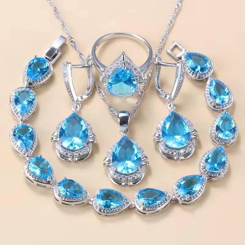 Water Drop Jewelry Set 925 Silver Bridal Necklace Earrings Bracelet Ring (12)