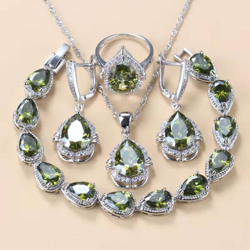 Water Drop Jewelry Set 925 Silver Bridal Necklace Earrings Bracelet Ring (7)