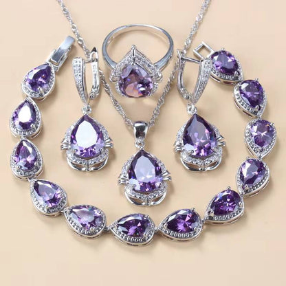 Water Drop Jewelry Set 925 Silver Bridal Necklace Earrings Bracelet Ring (8)