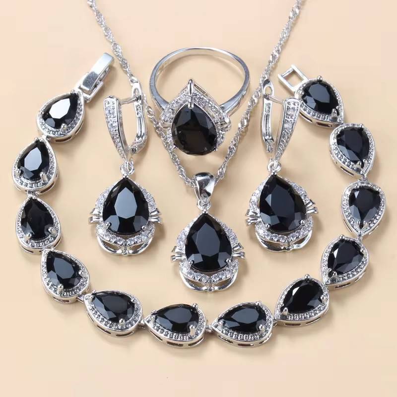 Water Drop Jewelry Set 925 Silver Bridal Necklace Earrings Bracelet Ring (9)