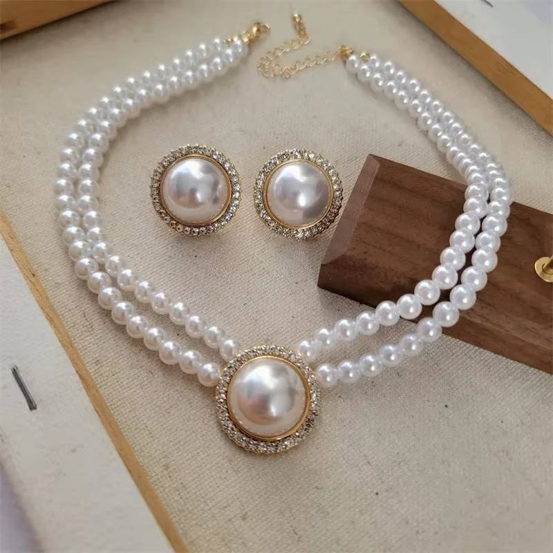 Women's Elegant Pearl Clavicle Chain Necklace Earrings Choker Jewelry Set (11)