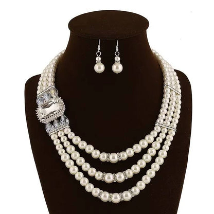 Women's Elegant Pearl Clavicle Chain Necklace Earrings Choker Jewelry Set (13)