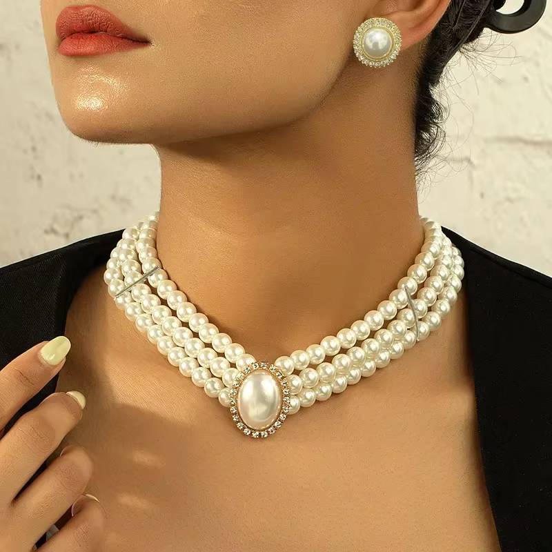 Women's Elegant Pearl Clavicle Chain Necklace Earrings Choker Jewelry Set (16)