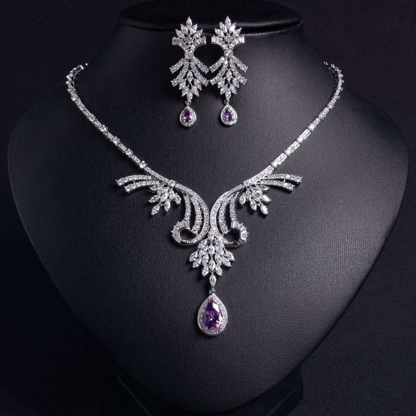 Women's Purple Cubic Zirconia Water Drop Bridal Jewelry Set (4)